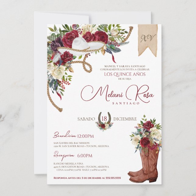 Burgundy White Elegant Charro Spanish Quinceañera Invitation (Front)