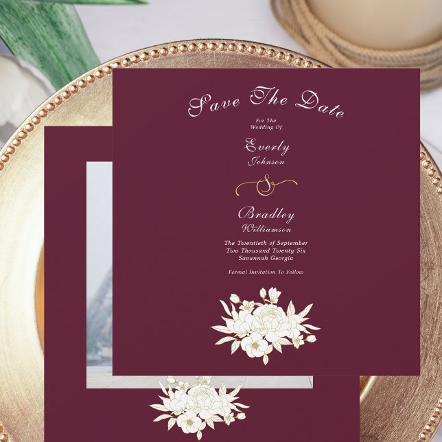 Burgundy White Elegant Gold Floral Roses Photo Save The Date (Creator Uploaded)