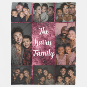 Burgundy White Family Photo Collage Fleece Blanket