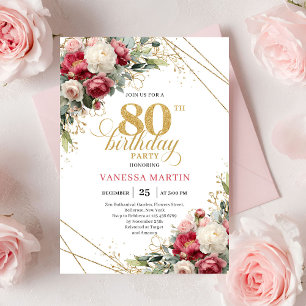 Burgundy white floral 80th birthday invite green 