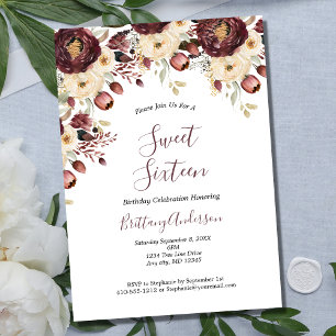 Burgundy White Floral Botanical Sweet Sixteen 16 Invitation