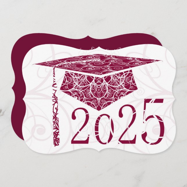 Burgundy & White Floral Cap 2025 Graduation Party Invitation (Front/Back)