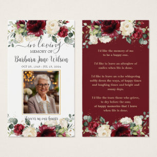 Burgundy White Floral Funeral Memorial Bookmark