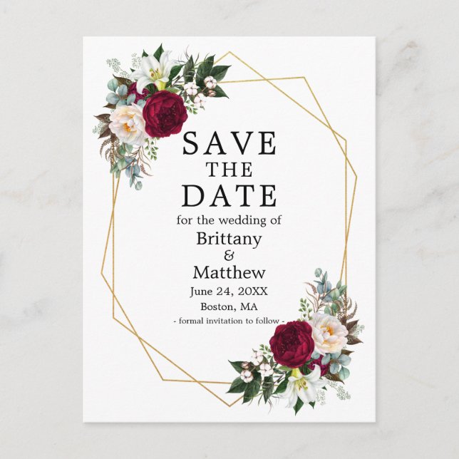 Burgundy White Floral Geo Frame Save The Date Postcard (Front)