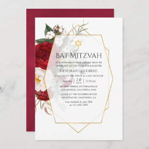 Burgundy & White Floral Geometric Bat Mitzvah Invitation