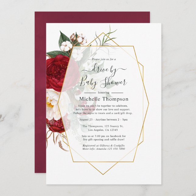 Burgundy & White Floral Geometric Drive By Shower Invitation (Front/Back)