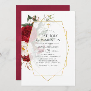 Burgundy & White Floral Geometric First Communion Invitation