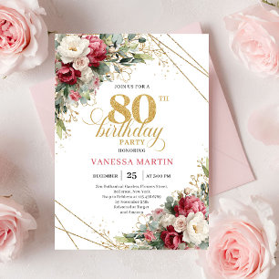 Burgundy white floral greenery style 80th birthday invitation