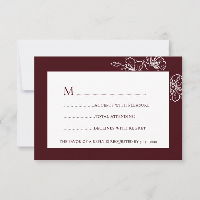 Burgundy White Floral Line Art RSVP Card (Front)