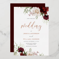 Burgundy & White Flowers Rose Gold Foil Wedding