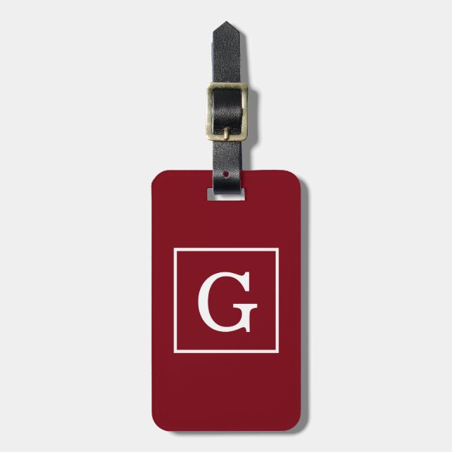 Burgundy White Framed Initial Monogram Luggage Tag (Front Vertical)