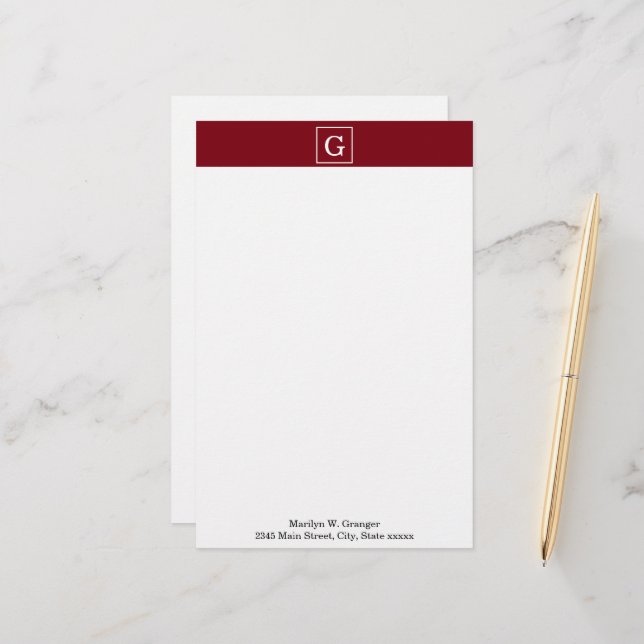 Burgundy White Framed Initial Monogram Stationery (Front/Back In Situ)