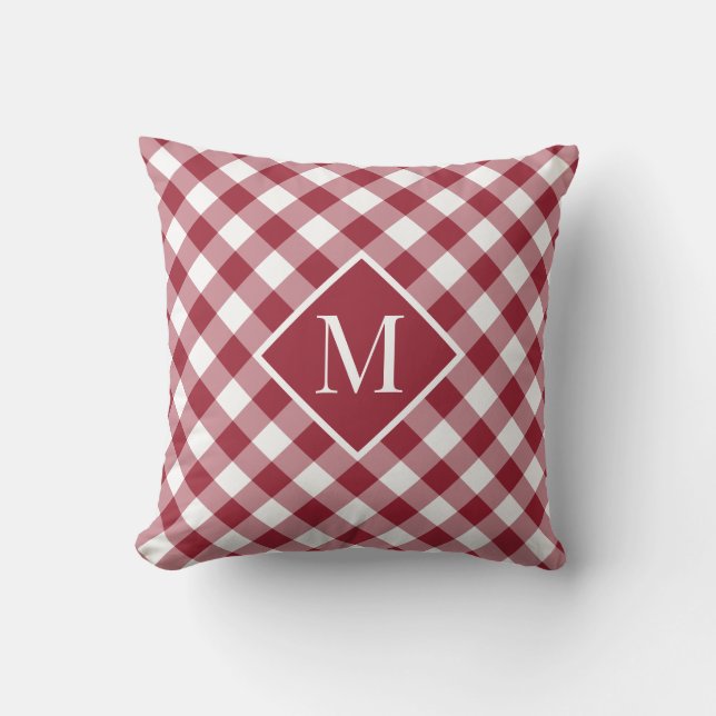 Burgundy White Gingham Check Pattern Chic Monogram Cushion (Front)