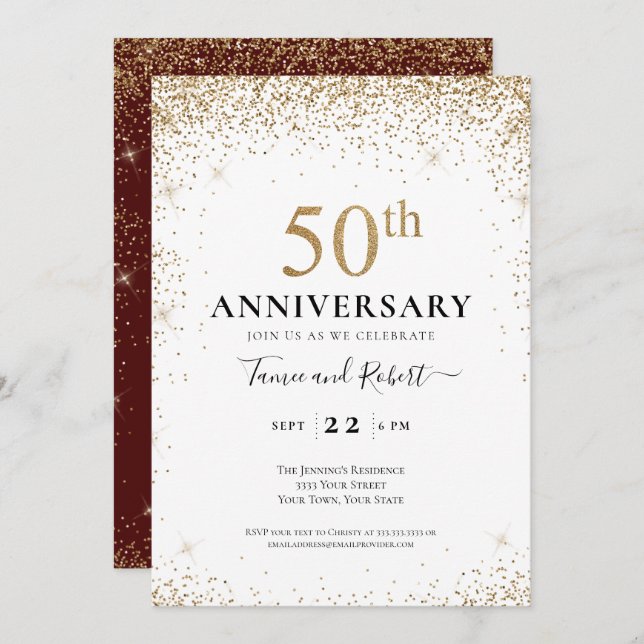 Burgundy White Gold 50th Wedding Anniversary  Invitation (Front/Back)