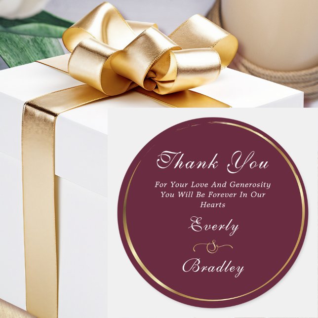 Burgundy White Gold Elegant Script Thank You  Classic Round Sticker (Creator Uploaded)