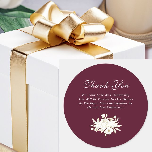 Burgundy White Gold Roses Elegant Thank You  Classic Round Sticker (Creator Uploaded)