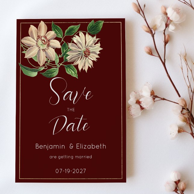 Burgundy white green floral botanic Save the Date  Invitation (Burgundy white green floral botanic Save the Date)