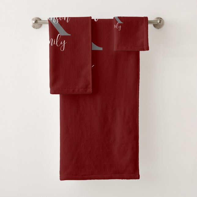 Burgundy White Grey Family Name Monogram  Bath Towel Set (Insitu)
