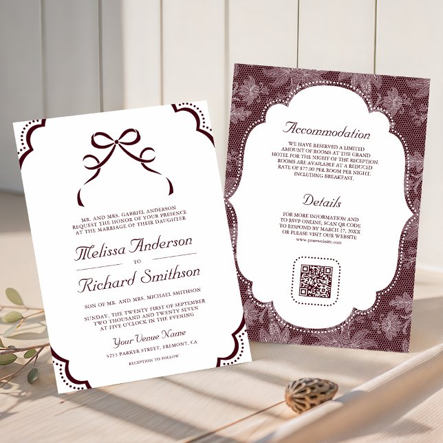 Burgundy White Lace Coquette Bow QR Code Wedding Invitation (Creator Uploaded)