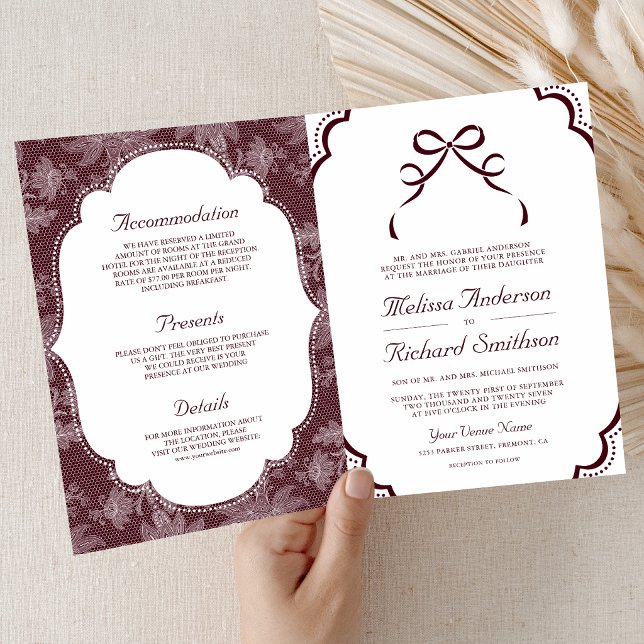 Burgundy White Lace Coquette Bow QR Code Wedding Invitation (Creator Uploaded)