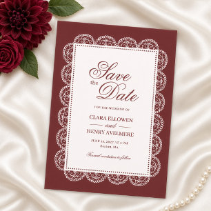 Burgundy White Lace Frame Save the Date Invitation