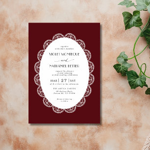 Burgundy & White Lace Old Money Rustic Wedding Invitation