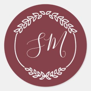 Burgundy White Leaf Wreath Monogram Wedding Classic Round Sticker