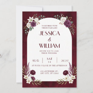 Burgundy White Lily Floral Wedding Invitation