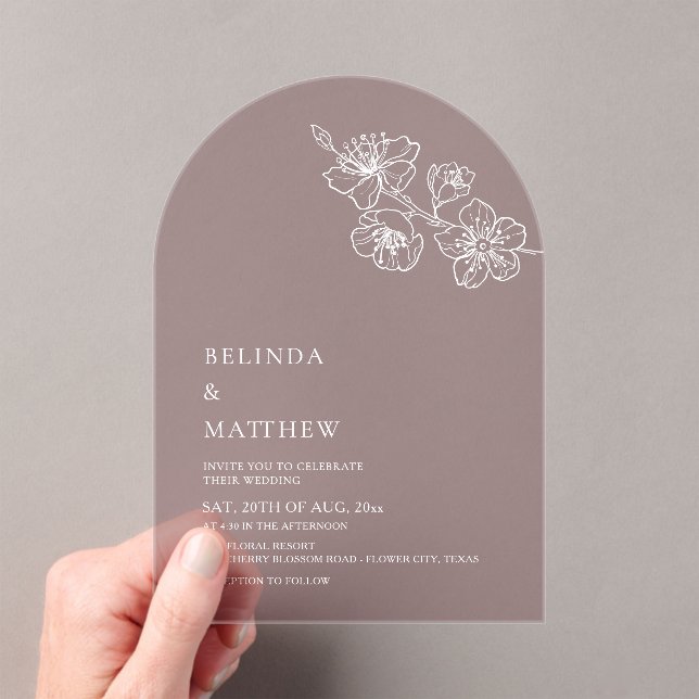 Burgundy White Line Art Minimalist Wedding Acrylic Invitations (Insitu (Handheld))