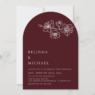 Burgundy White Line Art Minimalist Wedding Invitation