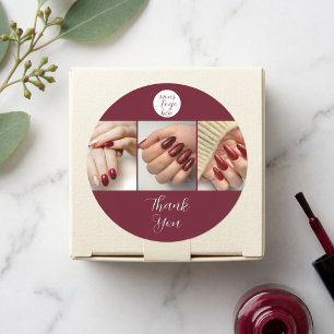 Burgundy White Logo Photo Nail Salon Thank You Classic Round Sticker