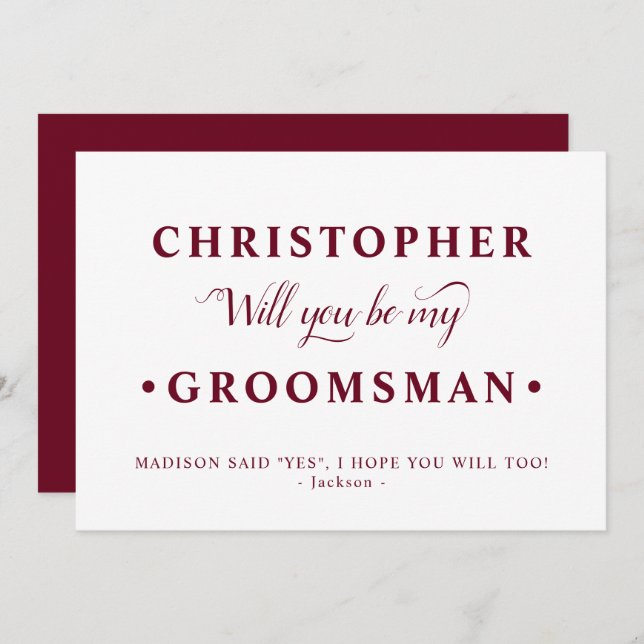 Burgundy White Minimalist Groomsman Proposal Card (Front/Back)