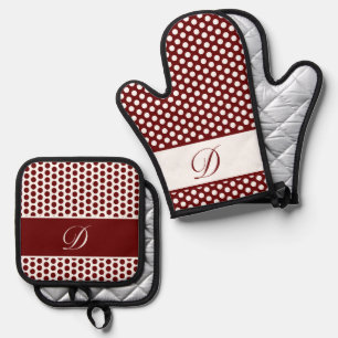 Burgundy & White Monogrammed Polka-Dot Oven Mitt & Pot Holder Set