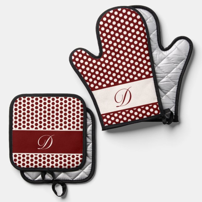 Burgundy & White Monogrammed Polka-Dot  Oven Mitt & Pot Holder Set (Front/Back)