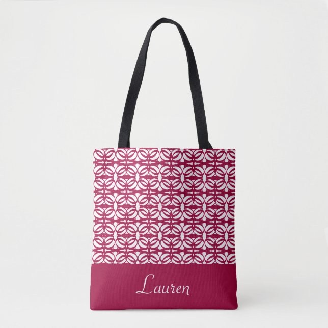 Burgundy & white oval geometric shape & your name tote bag (Front)
