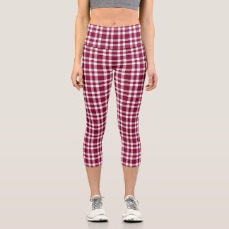 Burgundy White Plaid Pattern Capri Leggings