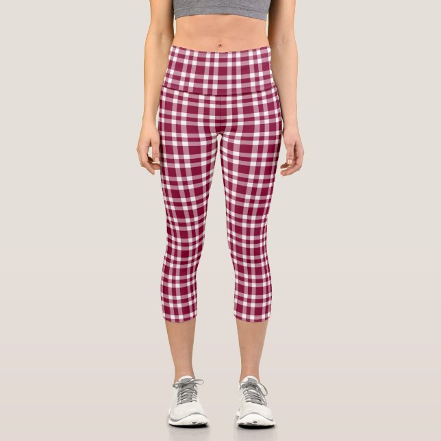 Burgundy White Plaid Pattern Capri Leggings (Front)