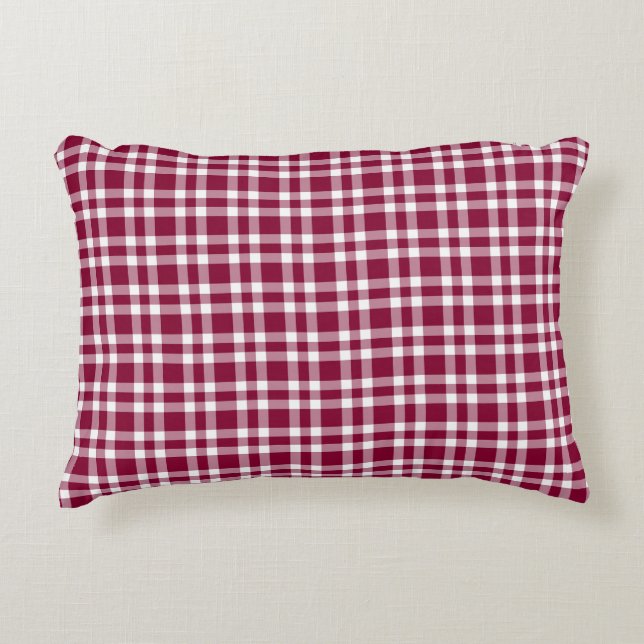 Burgundy White Plaid Pattern Decorative Cushion (Front)