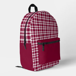 Burgundy White Plaid Pattern Printed Backpack