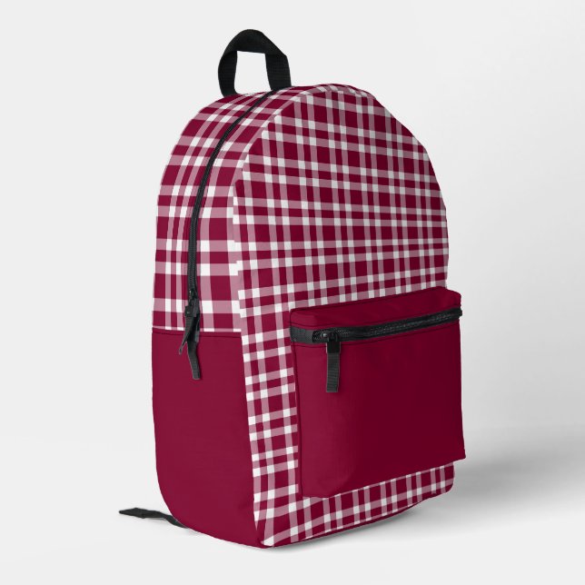 Burgundy White Plaid Pattern Printed Backpack (Back Corner Left)