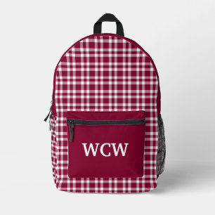 Burgundy White Plaid Personalise Pattern Printed Backpack