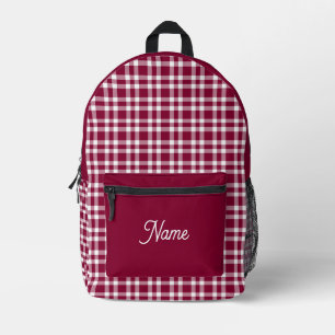 Burgundy White Plaid Personalise Pattern Printed Backpack