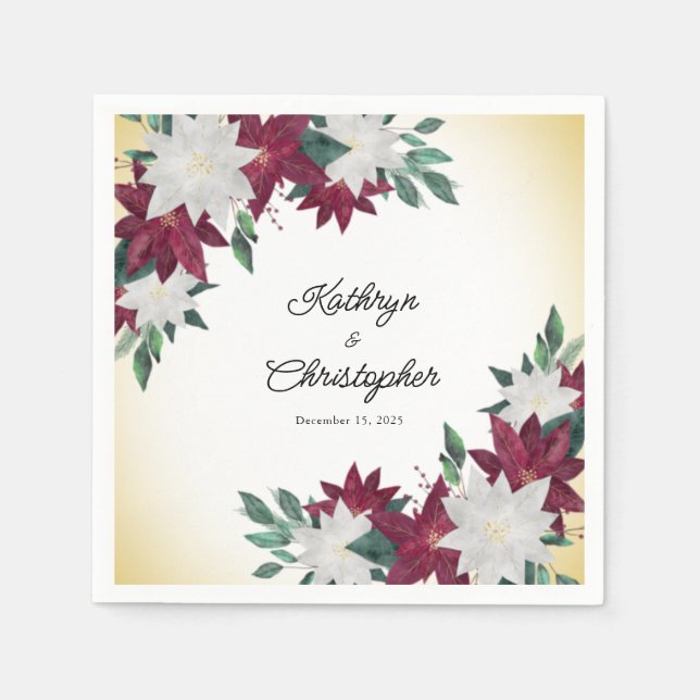 Burgundy & White Poinsettias Christmas Wedding Napkin (Front)