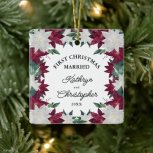 Burgundy White Poinsettias First Christmas Married Ceramic Ornament