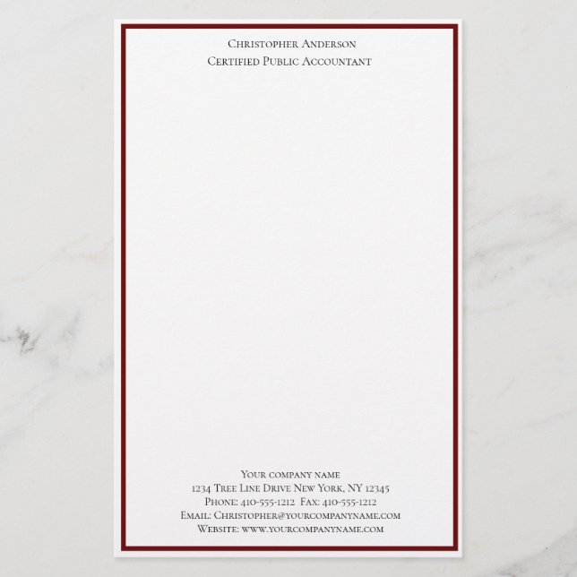 Burgundy White Professional Business Personalised  Stationery (Front)