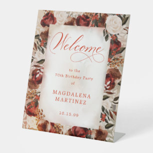 Burgundy White Rose 70th Birthday Welcome Pedestal Sign