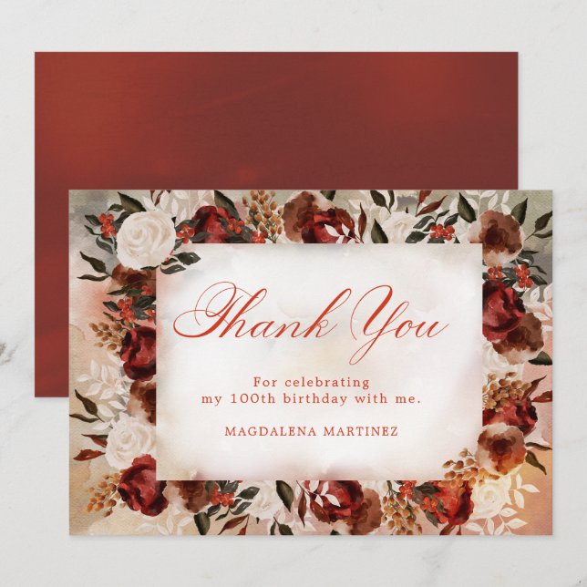 Burgundy White Rose Fall Floral 100th Birthday Thank You Card (Front/Back)