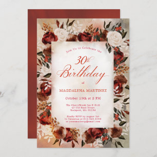 Burgundy White Rose Fall Floral 30th Birthday Invitation