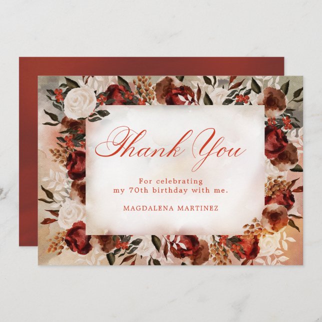 Burgundy White Rose Fall Floral 70th Birthday Thank You Card (Front/Back)