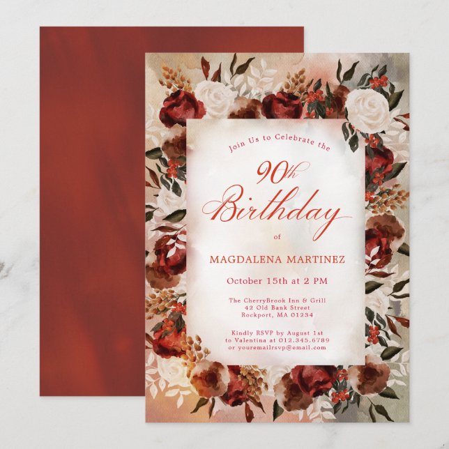 Burgundy White Rose Fall Floral 90th Birthday Invitation (Front/Back)